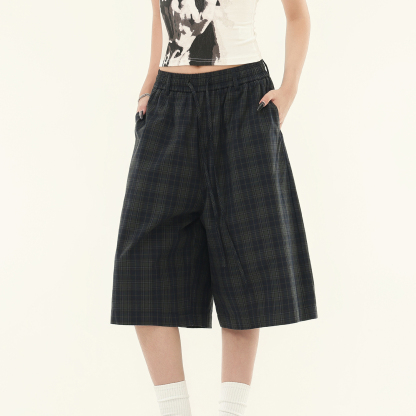 美式復古慵懶綠格紋鬆緊七分褲夏季寬鬆百搭格子褲女短褲