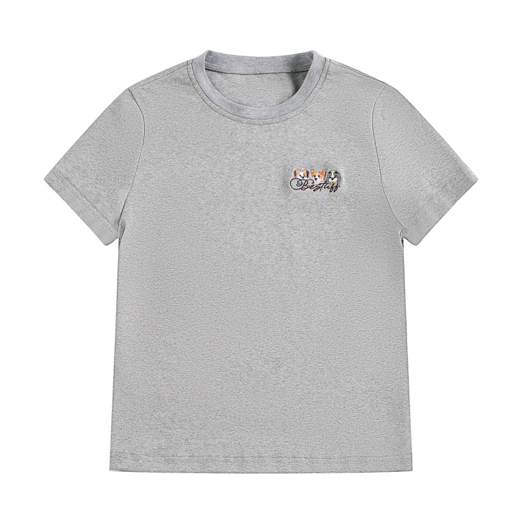 修身小狗印花灰色正肩短袖T恤女裝夏季新款短款辣妹半袖上衣