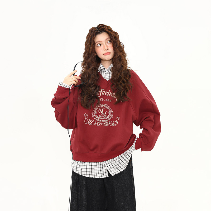 美式復古學院風格子假兩件衛衣女秋冬寬鬆百搭紅色上衣