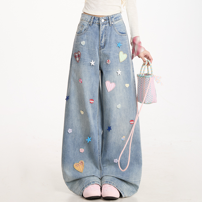 愛心貼布星星紐扣裝潢牛仔褲女復古做舊水洗闊腿直筒褲子