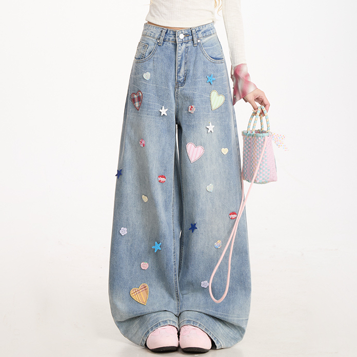 愛心貼布星星紐扣裝潢牛仔褲女復古做舊水洗闊腿直筒褲子