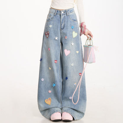 愛心貼布星星紐扣裝潢牛仔褲女復古做舊水洗闊腿直筒褲子