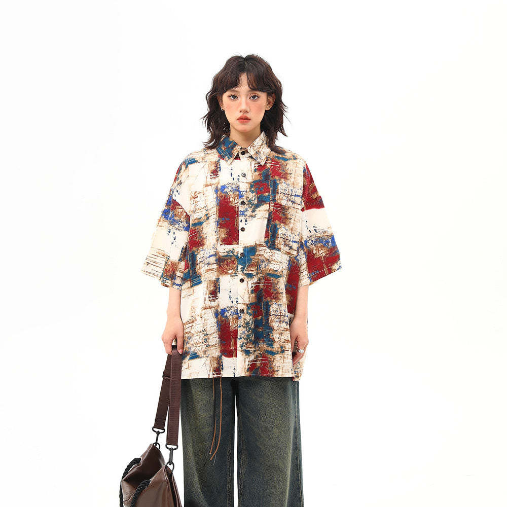 美式復古油畫潑墨設計感古著短袖襯衫女潮牌個性襯衣