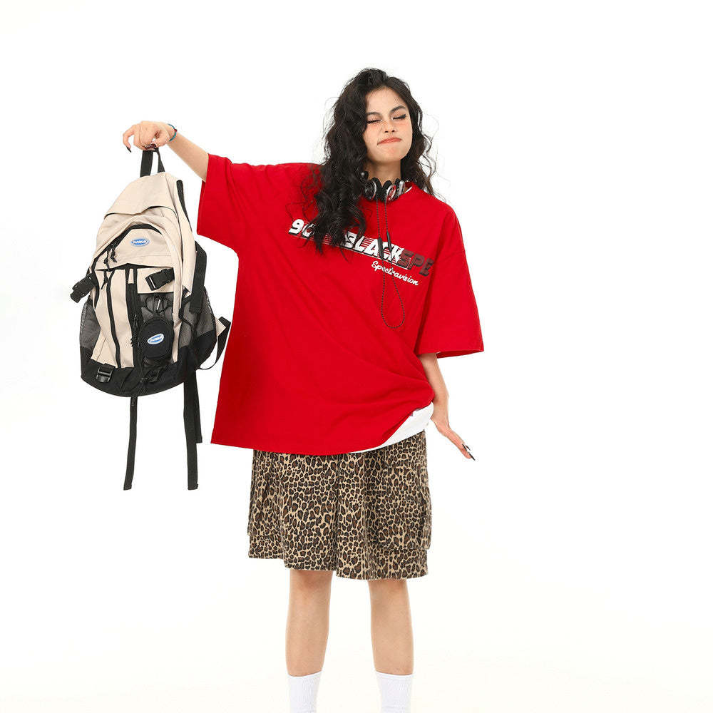 美式復古街頭寬鬆闊腿豹紋短褲女多口袋工裝五分褲子