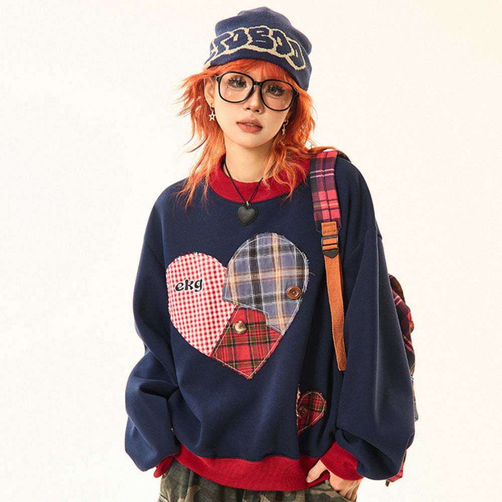 美式復古格子愛心貼布圓領衛衣女秋冬設計感寬鬆休閒上衣