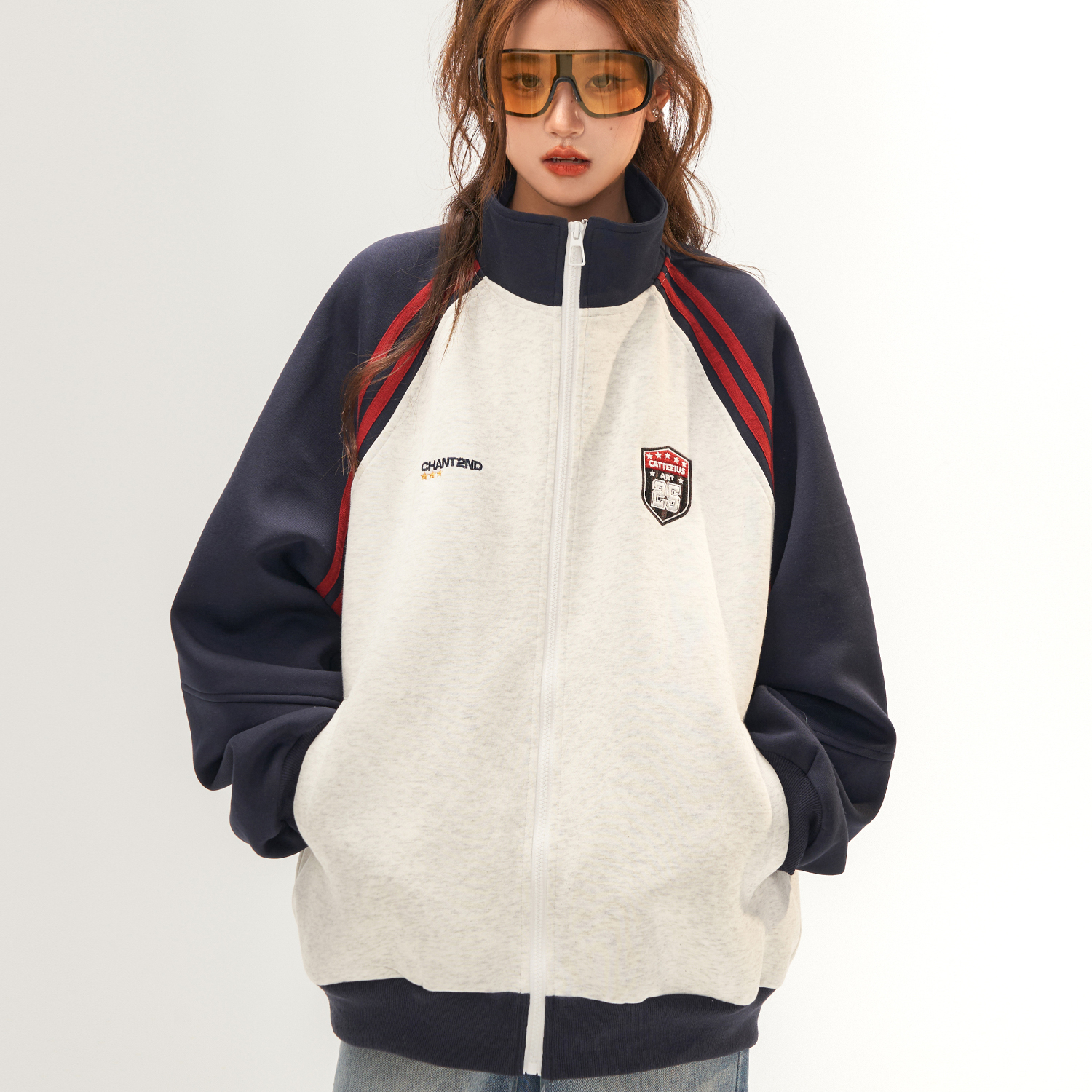 美式復古衛衣外套女秋冬季高級感拼接插肩袖衛衣開衫