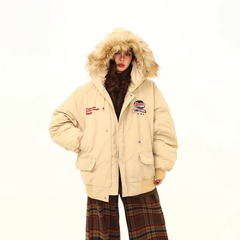 美式復古座山雕毛領冬季棉服外套女工裝風派克服連帽棉衣