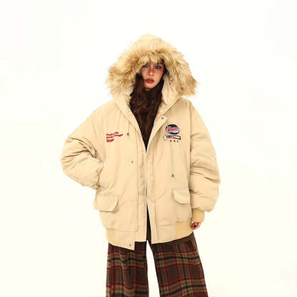 美式復古座山雕毛領冬季棉服外套女工裝風派克服連帽棉衣