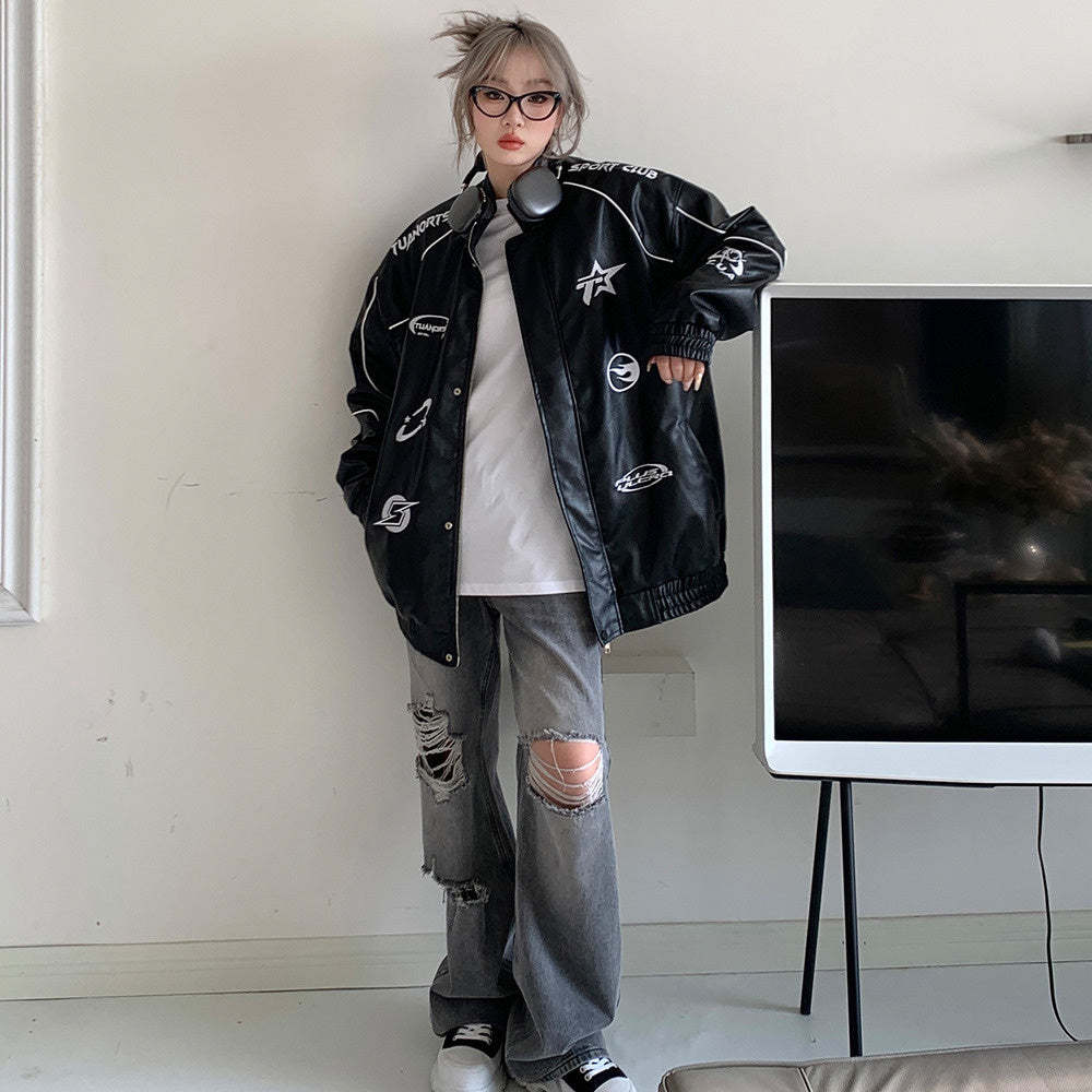 設計感破洞牛仔褲女新款春季高腰直筒寬鬆休閒褲ins拖地褲