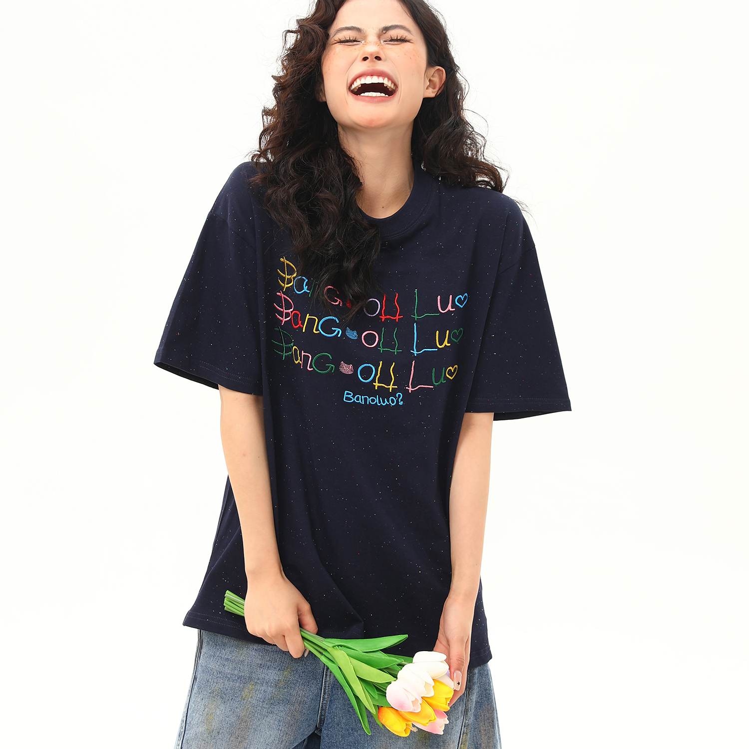 網點滿天星設計感寬鬆短袖T恤女彩虹字母百搭美式上衣