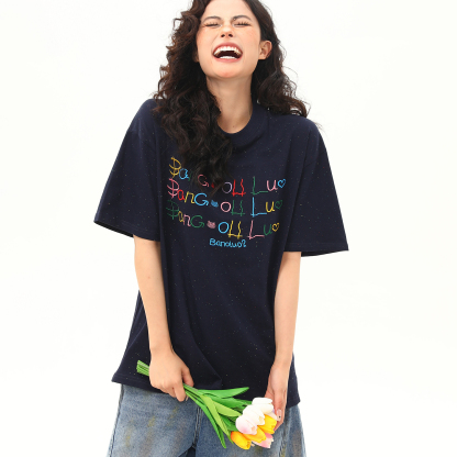 網點滿天星設計感寬鬆短袖T恤女彩虹字母百搭美式上衣