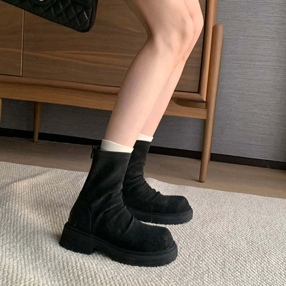 時髦粗跟厚底瘦瘦靴圓頭褶皺後拉鍊堆堆短靴女春秋