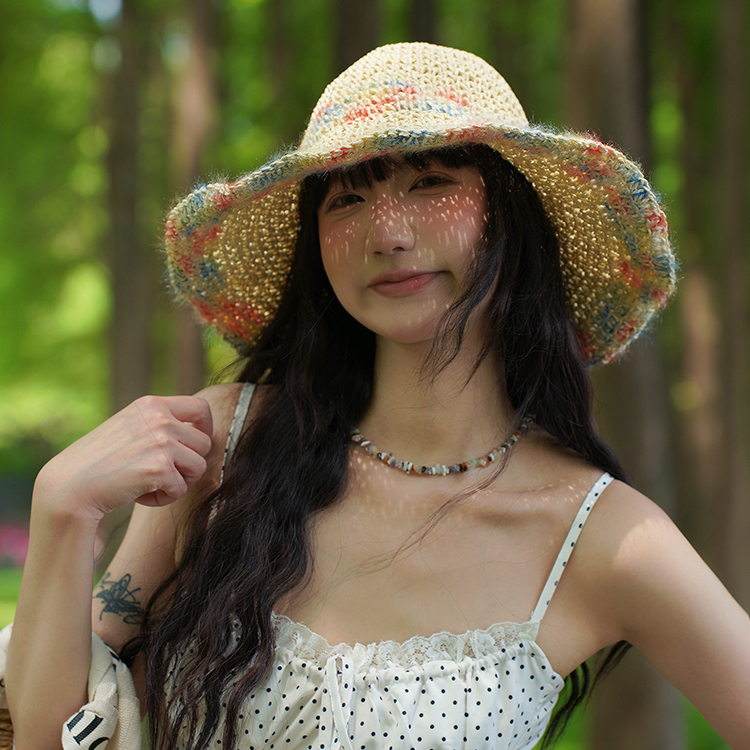 防曬帽女夏季海邊度假彩色編織草帽透氣鏤空大帽檐顯臉小遮陽帽子