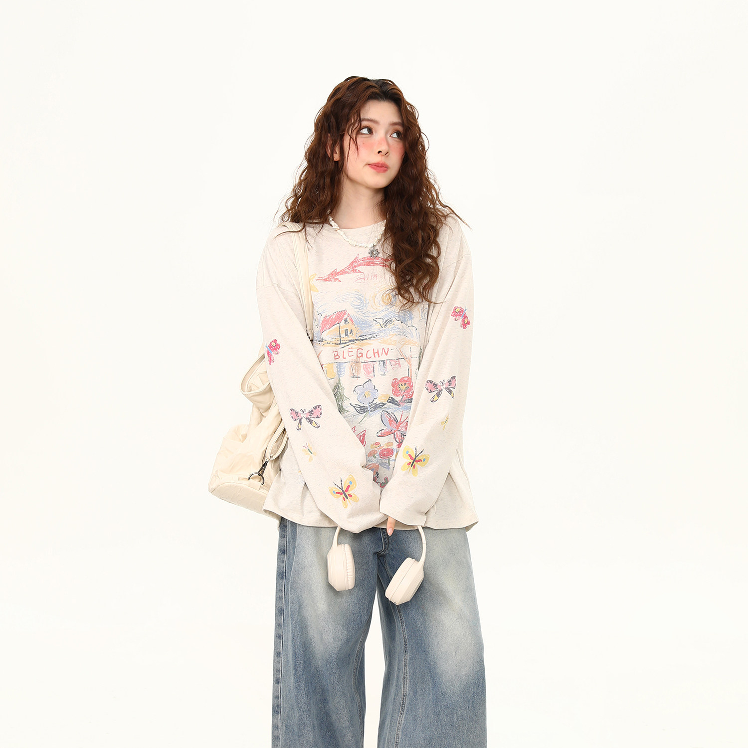 美式復古塗鴉印花長袖T恤女春夏寬鬆慵懶風防曬罩衫上衣