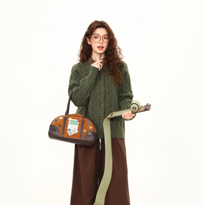 橄欖綠拼格子慵懶風翻領毛衣女開衫春季新款復古百搭外套