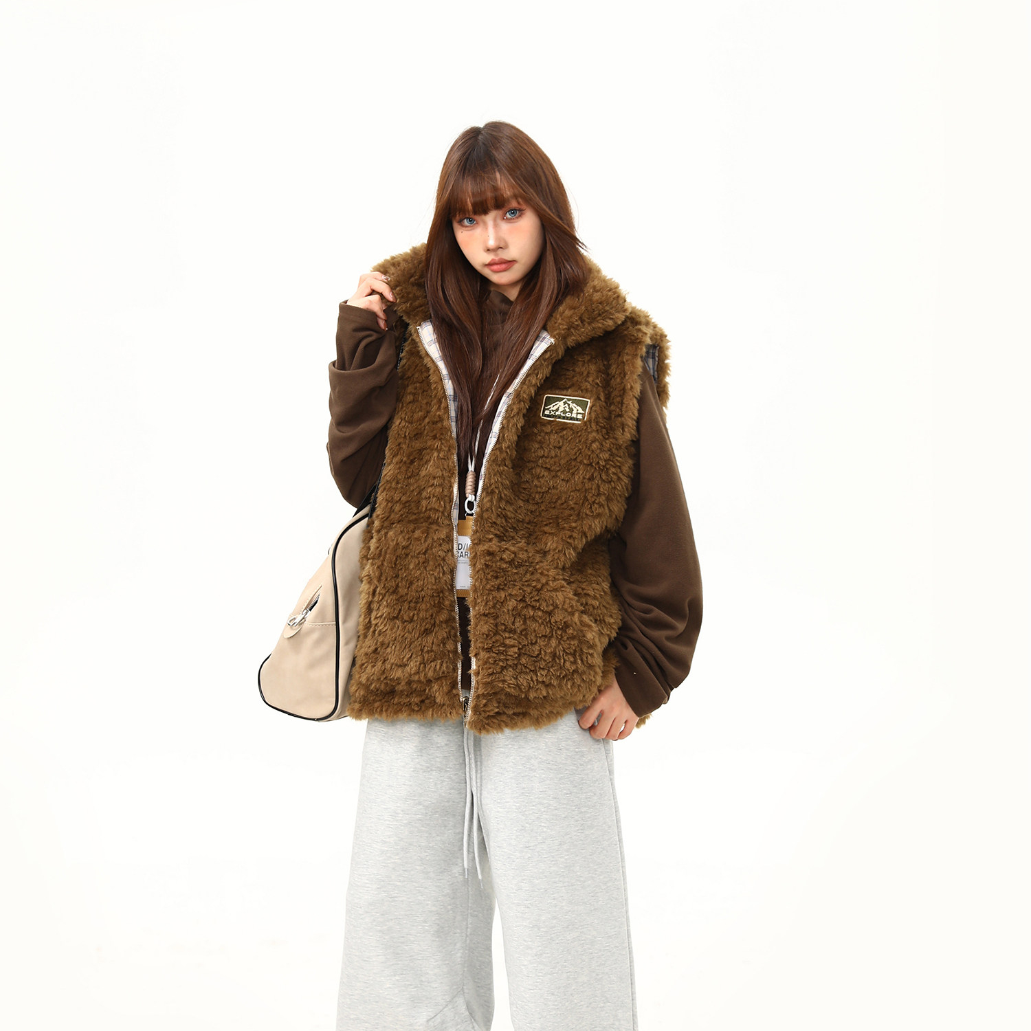 美式復古格紋羊羔毛雙面穿棉服馬甲外套女冬季加厚棉襖