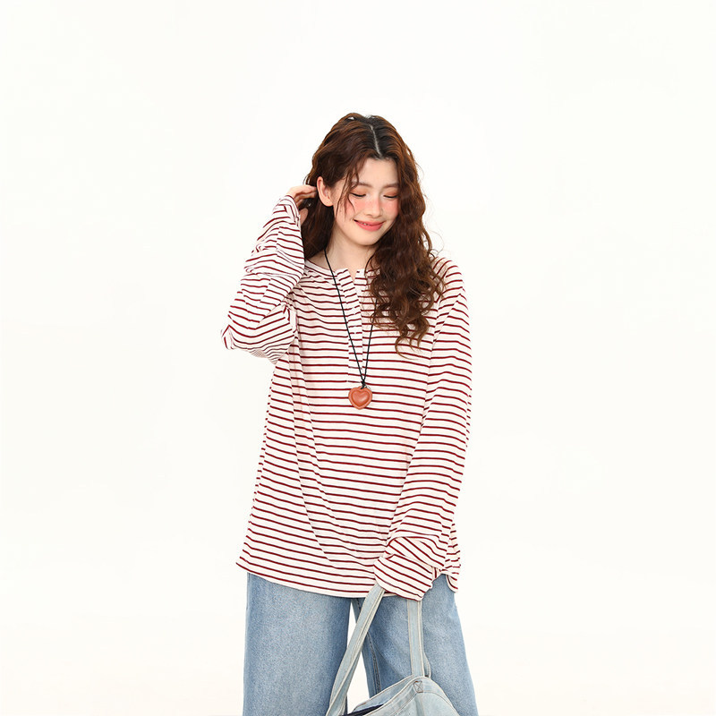 美式復古亨利領條紋長袖T恤女春夏輕薄寬鬆慵懶防曬罩衫