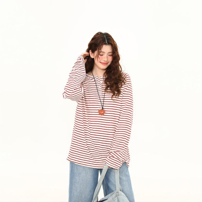 美式復古亨利領條紋長袖T恤女春夏輕薄寬鬆慵懶防曬罩衫