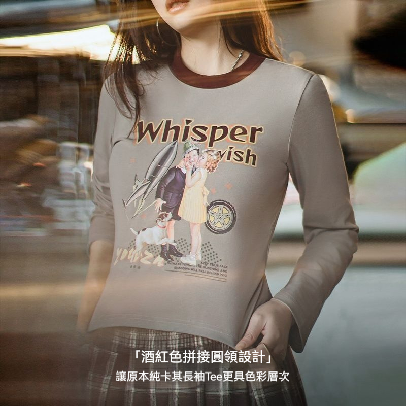 復古插畫滾邊Ringer T恤卡其綠美式機車印花長袖上衣春秋女