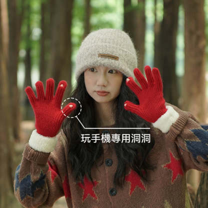 簡約加厚加絨針織手套女秋冬季戶外騎行保暖防寒可觸屏滑雪手套