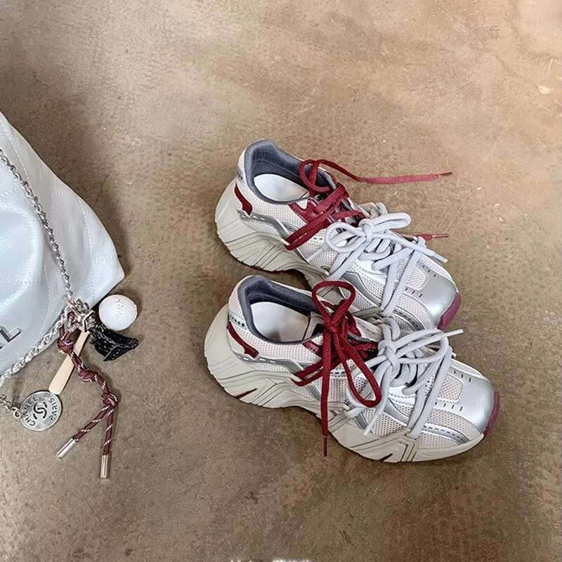 春秋復古鴛鴦帶厚底系帶休閒運動鞋老爹鞋女