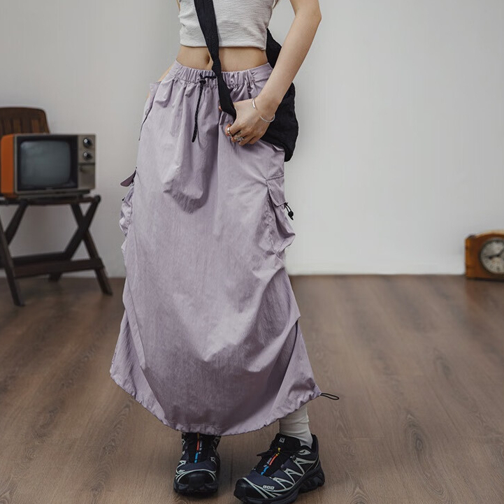 復古工裝a字裙多口袋綁帶抽褶裙子顯瘦中腰半身長裙女春