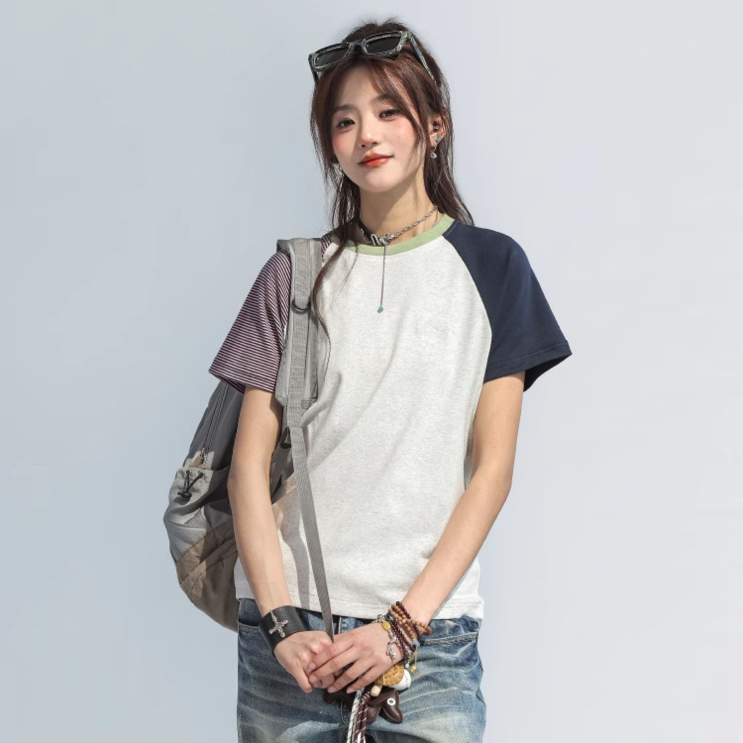 撞色拼接條紋短袖女t恤夏蝴蝶結刺繡上衣設計感小眾