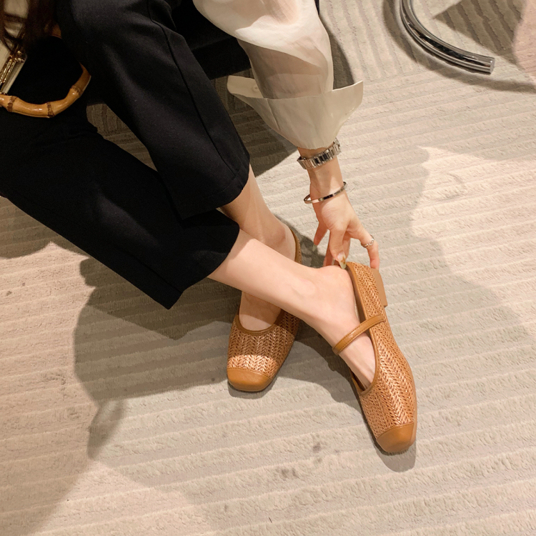 度假風草編方頭涼拖懶人半拖女夏季