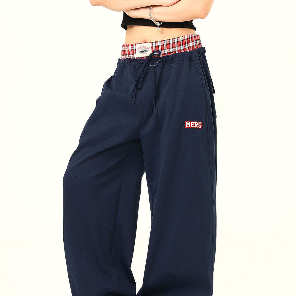 雙腰頭格子拼接假兩件休閒褲女美式復古運動工裝褲子