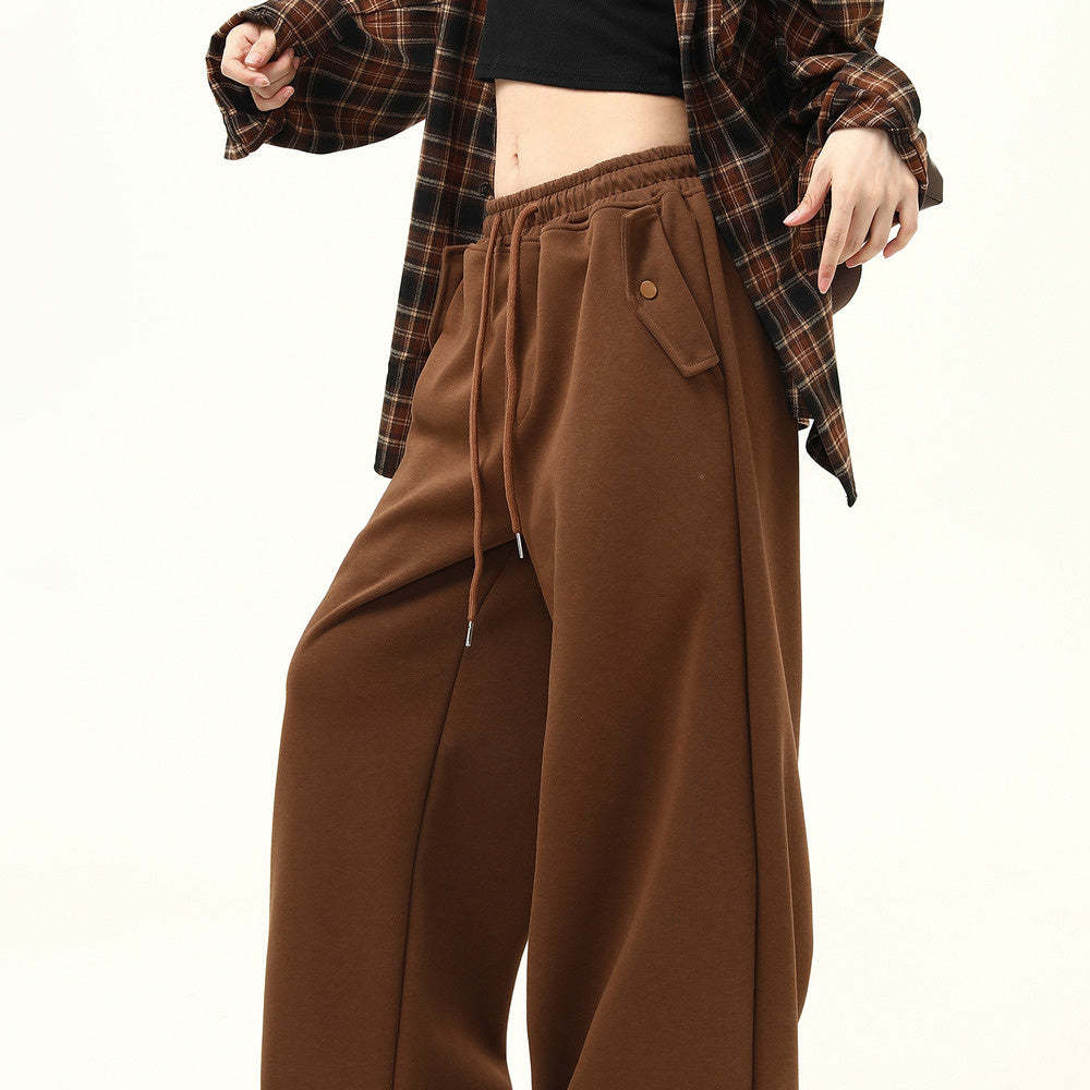 美拉德深棕色休閒褲女美式復古寬鬆直筒垂感闊腿衛褲子
