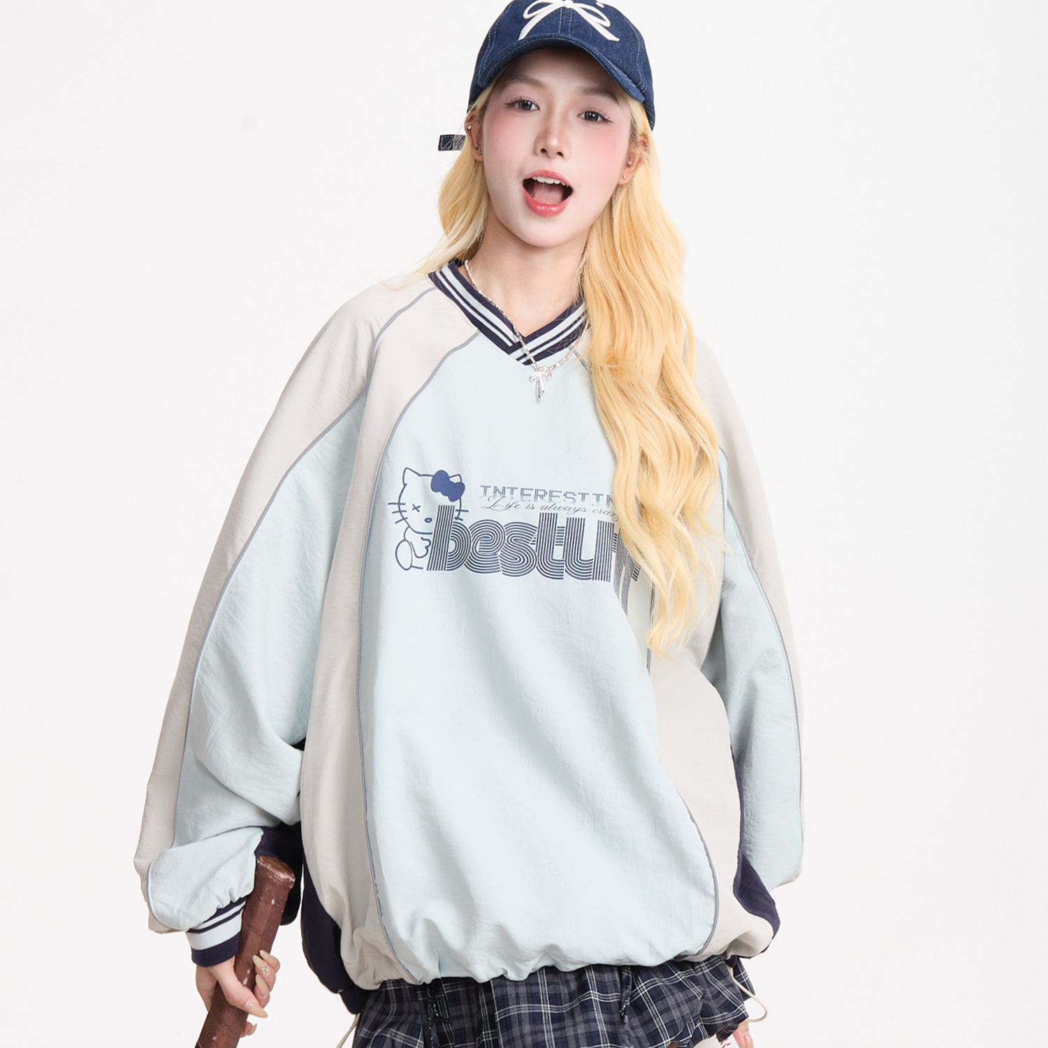 美式撞色運動風長袖衛衣女秋季復古慵懶風速幹寬鬆上衣