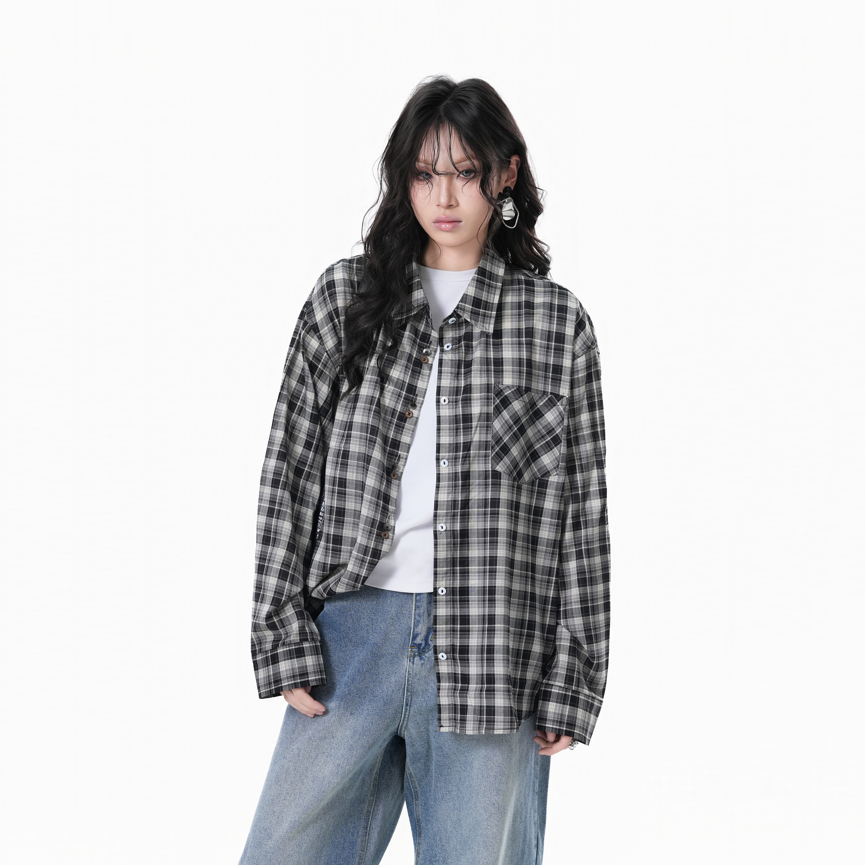 美式復古潮牌格子襯衫女小眾設計感寬鬆長袖襯衣秋季