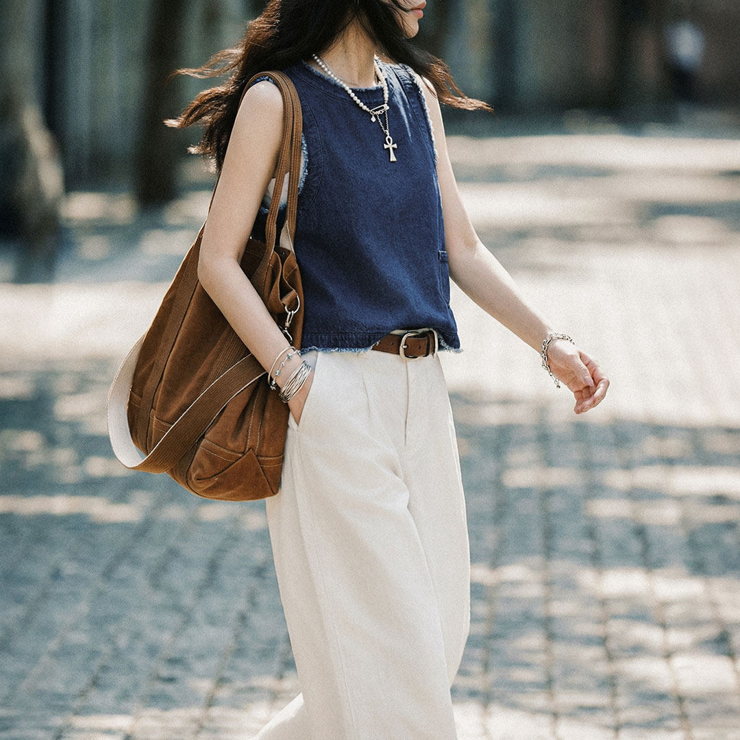 日系復古寬鬆疊單外穿牛仔馬甲外套無袖坎肩背心上衣女士春夏