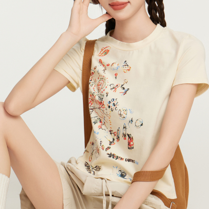 美式正肩短袖t恤女夏季半袖塗鴉印花修身顯瘦設計感小眾短款上衣