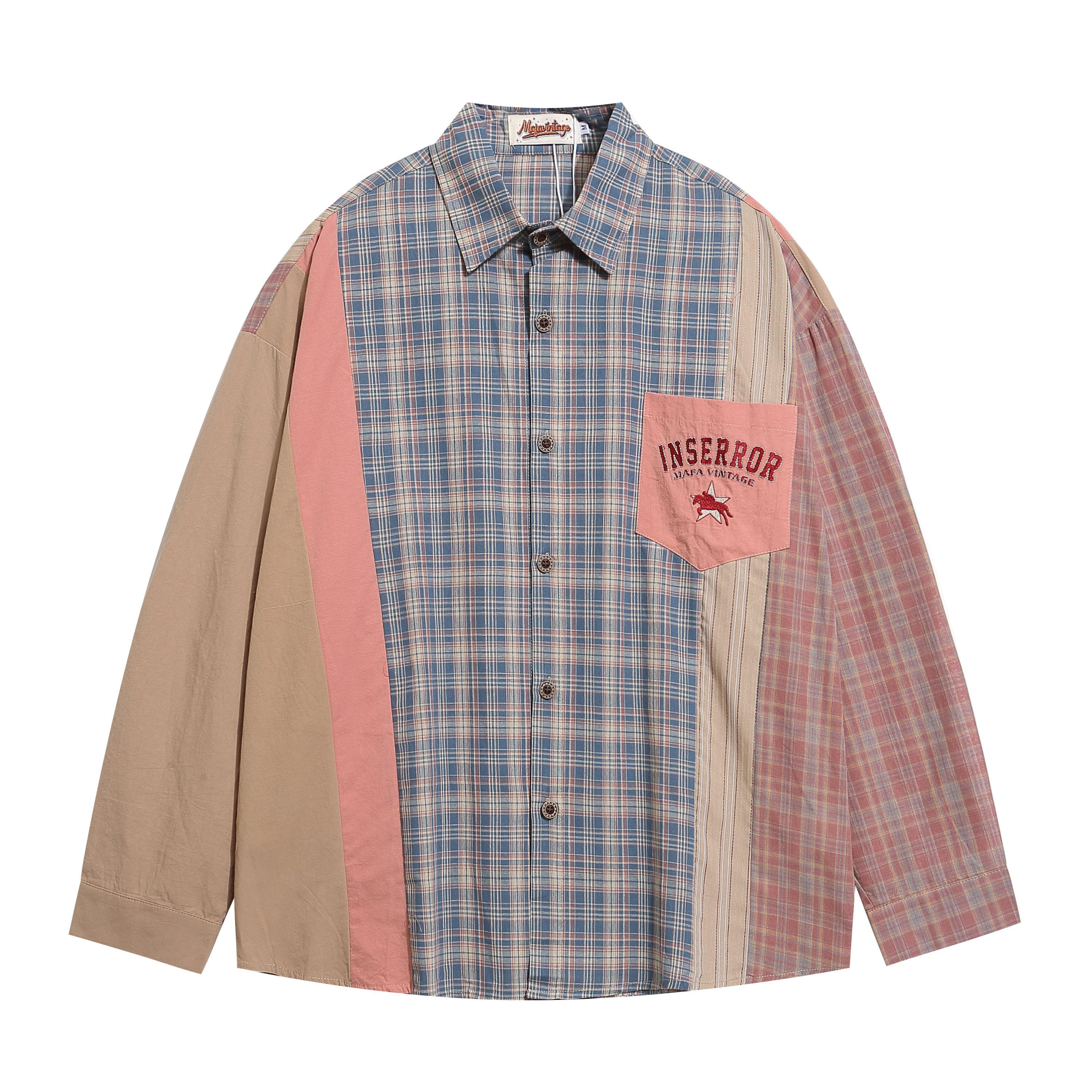 美式復古撞色格子長袖襯衫男女寬鬆小眾設計感古著襯衣