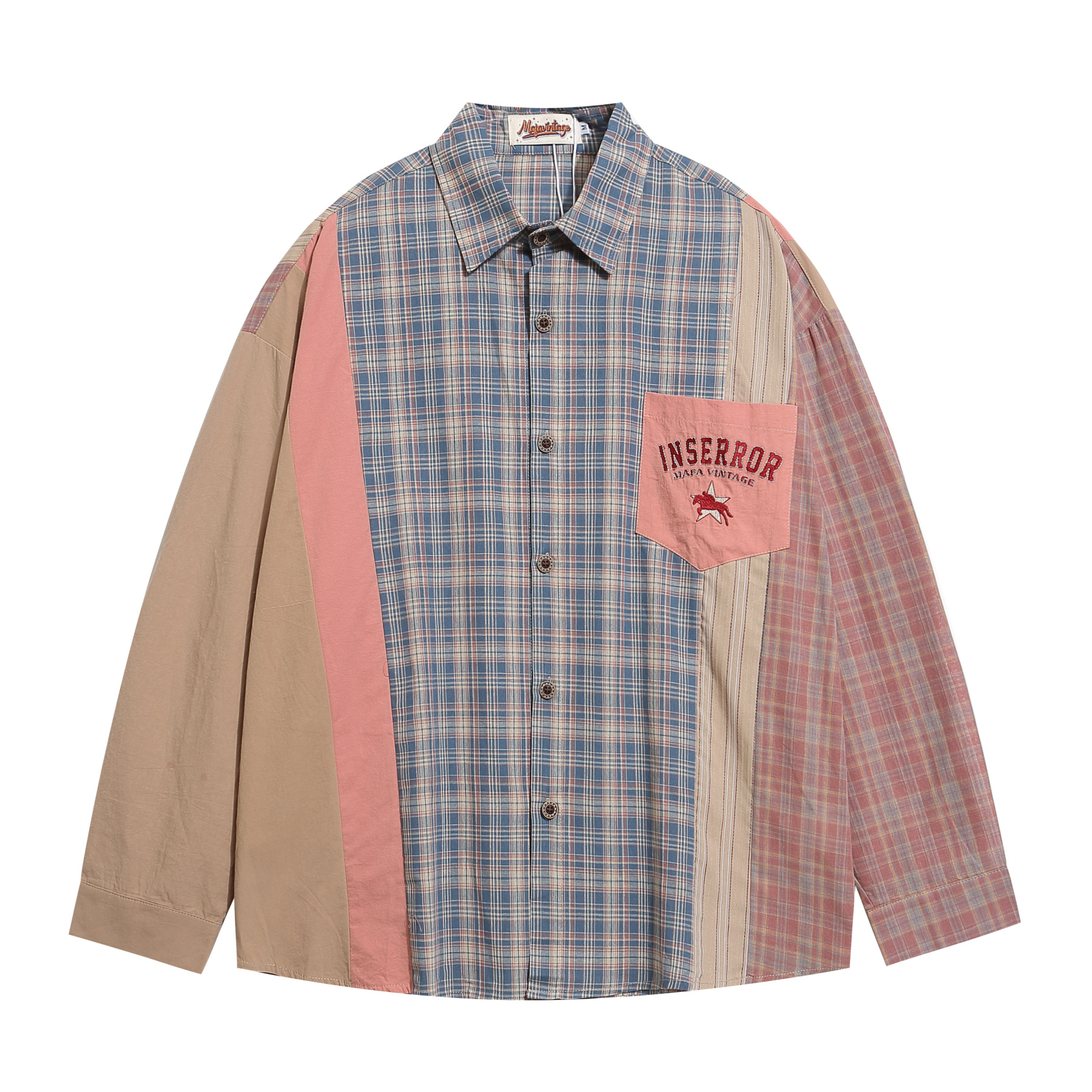 美式復古撞色格子長袖襯衫男女寬鬆小眾設計感古著襯衣