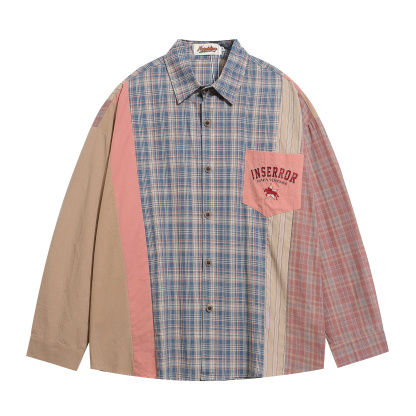 美式復古撞色格子長袖襯衫男女寬鬆小眾設計感古著襯衣