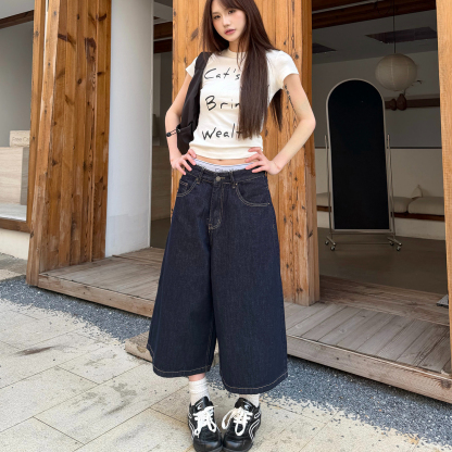 原牛深藍色牛仔褲女七分褲2026夏季新款美式潮流直筒褲