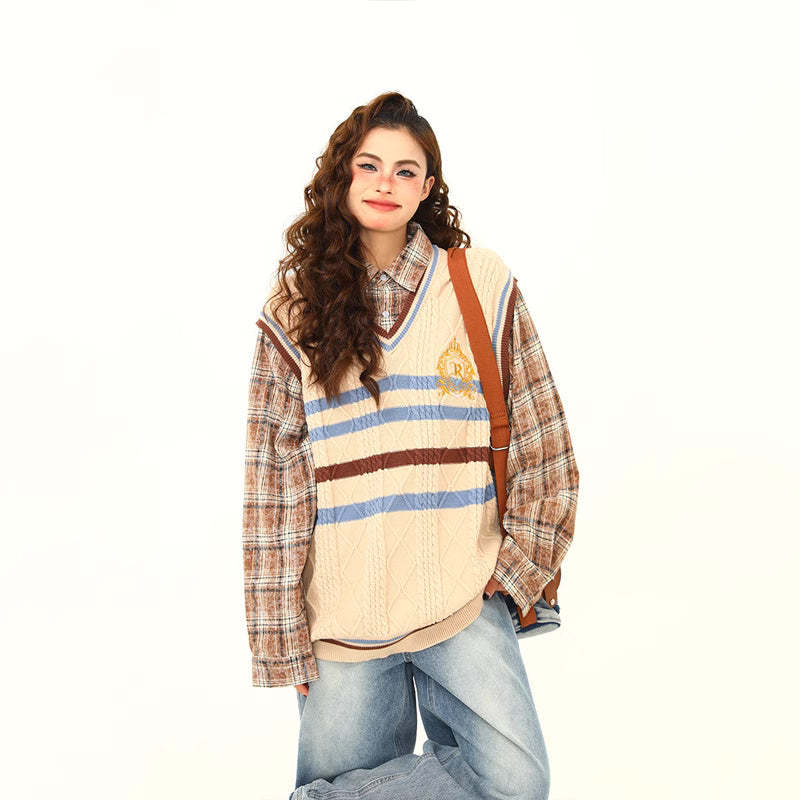 美式復古學院風假兩件毛衣女秋冬寬鬆格子針織衫上衣