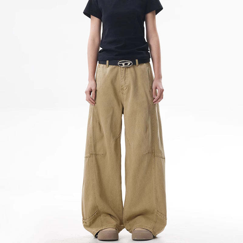 美式復古解構設計感vintage工裝褲女卡其色拼接彎刀褲