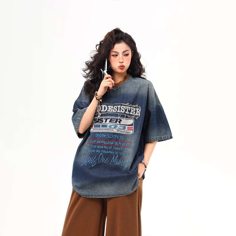美式復古重磅水洗牛仔短袖T恤女重工刺繡潮牌夏季上衣