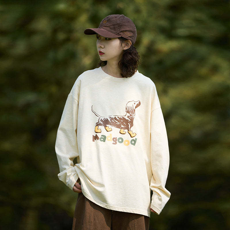 日系190克彩點棉寬鬆圓領塗鴉小狗印花長袖T恤