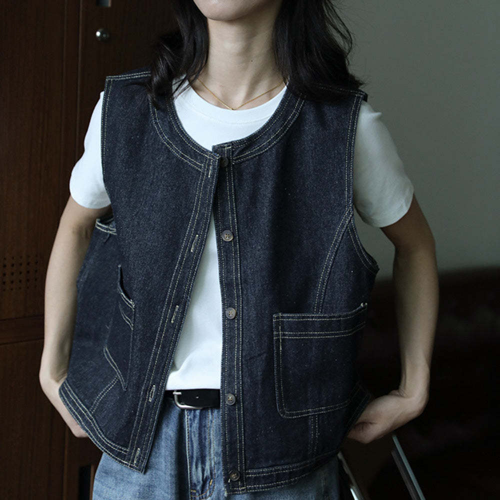 明線復古牛仔馬甲女春秋外套小個子百搭顯瘦短款寬鬆小坎肩外搭