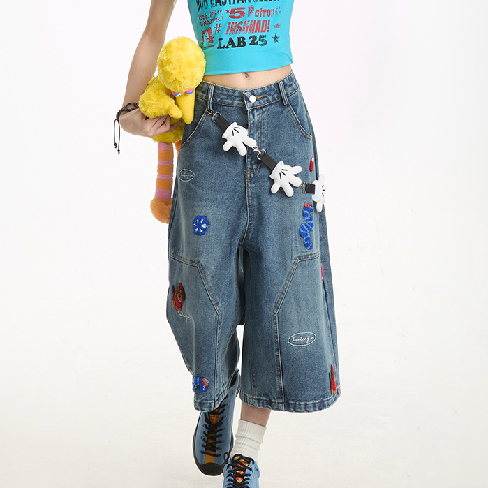 趣味刺繡牛仔七分褲女夏季做舊水洗寬鬆直筒休閒百搭短褲