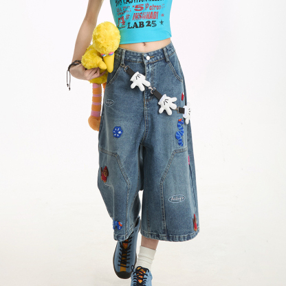 趣味刺繡牛仔七分褲女夏季做舊水洗寬鬆直筒休閒百搭短褲