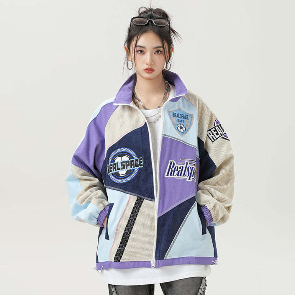 美式復古國潮刺繡拼接立領夾克女運動設計感機車風外套