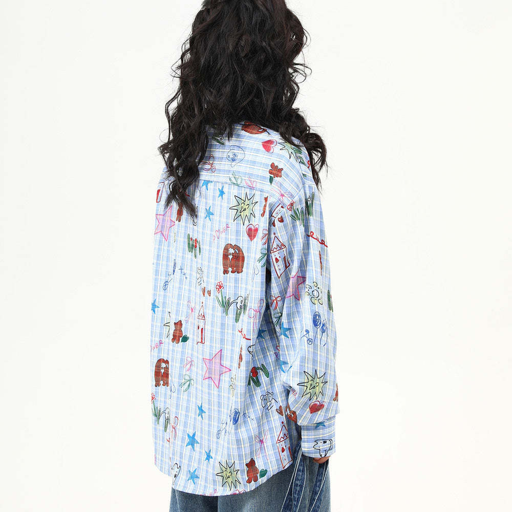 設計感手繪趣味印花復古寬鬆長袖襯衫女春季新款潮流襯衣