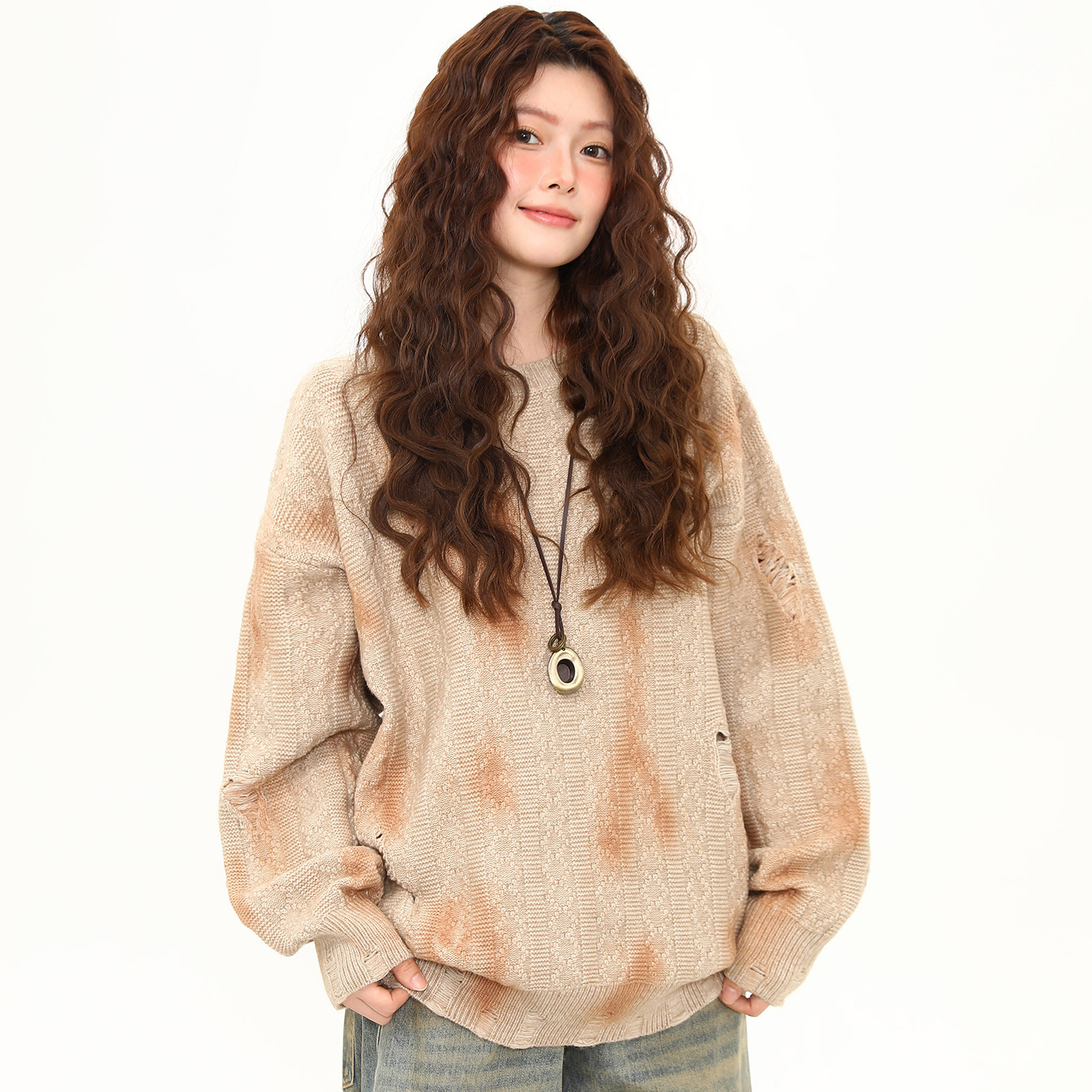 美式復古噴繪紮染毛衣女秋冬新款慵懶風套頭寬鬆針織衫