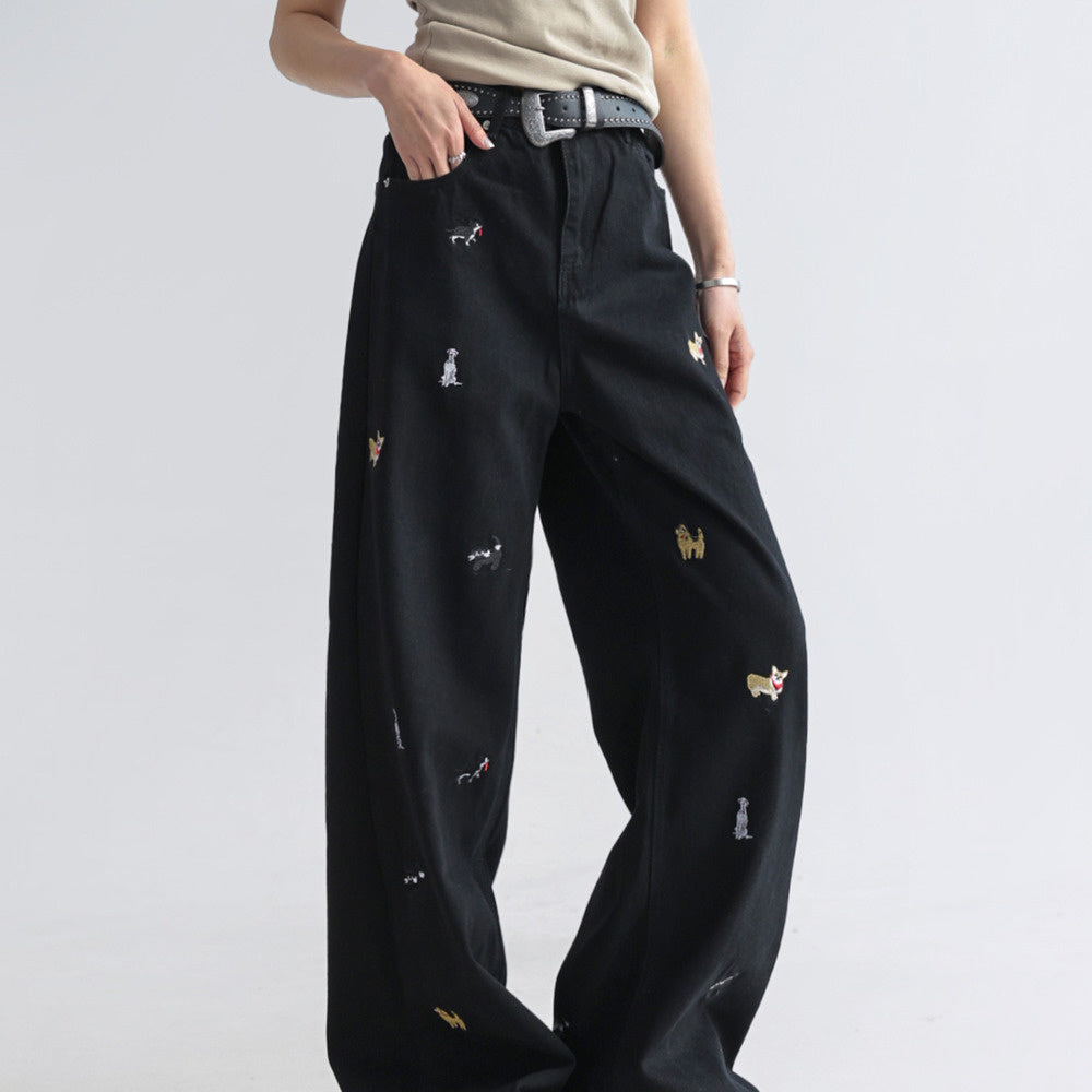 童趣小狗刺繡牛仔褲女闊腿寬鬆拖地褲高腰顯瘦直筒褲
