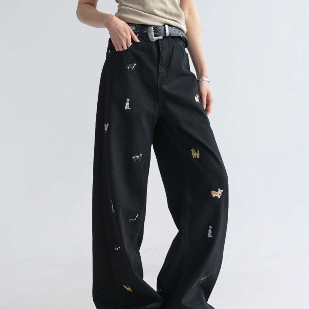 童趣小狗刺繡牛仔褲女闊腿寬鬆拖地褲高腰顯瘦直筒褲